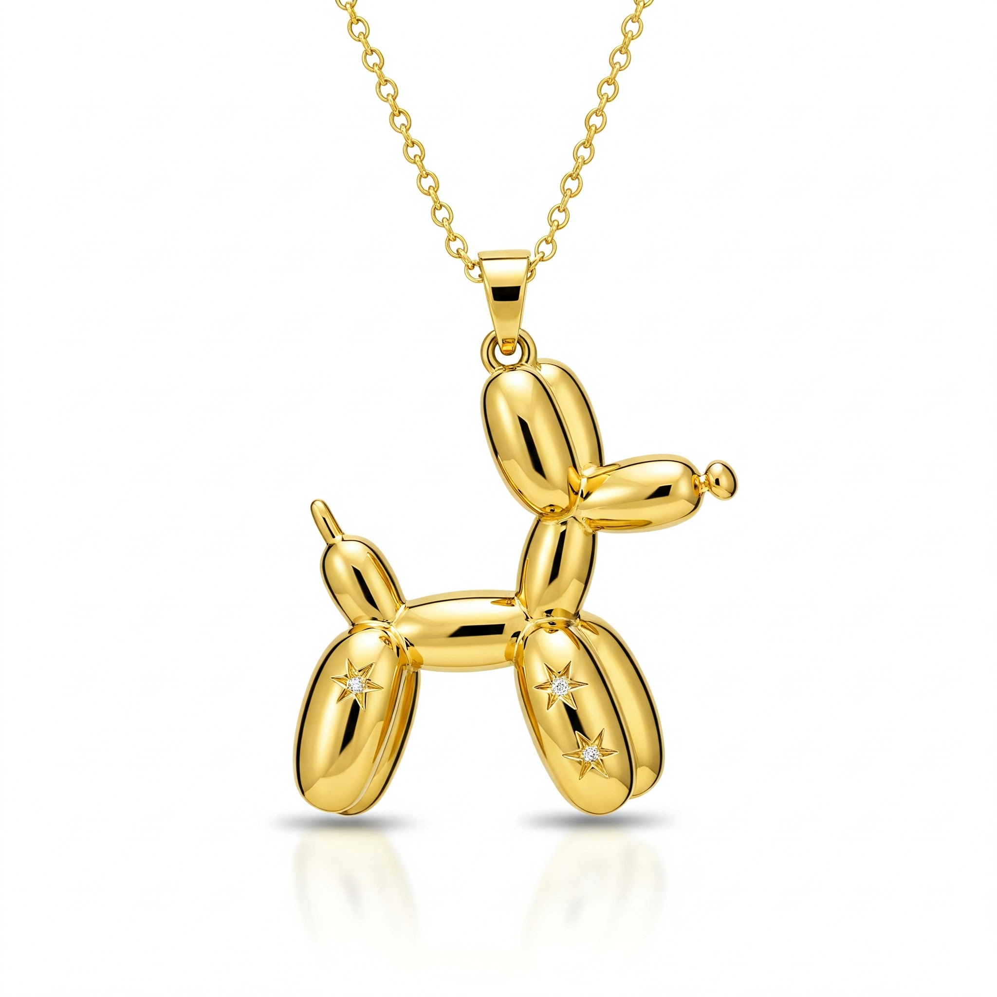 Gold Balloon Dog Pendant Necklace - Stainless Steel with Star Gems